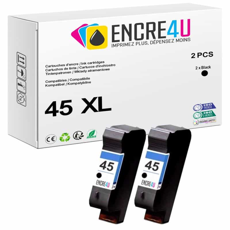 Lot de 2 cartouches d'encre compatibles HP45 HP 45 XL BK ( 45XL Noir )