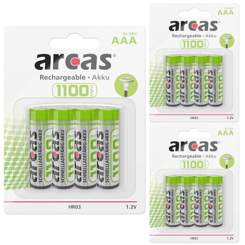 12 Piles Rechargeables AAA LR03 HR03 MN2400 Arcas Ni-MH 1,2V 1100 mAh