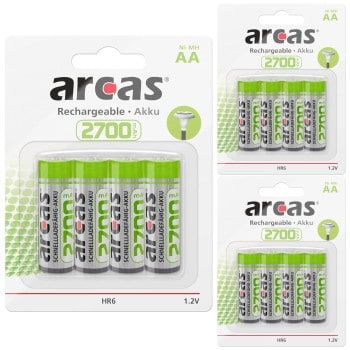 12 Piles Rechargeables AA LR6 HR6 MN1500 Arcas Ni-MH 1,2V 2700 mAh