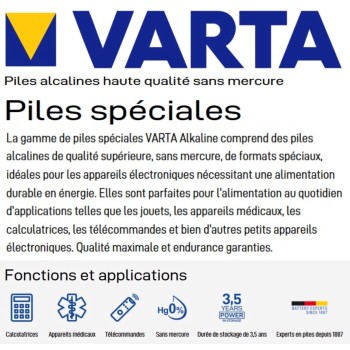 Pile V4034 4LR44 28L V78PX PX28A A544 K28A Varta Alcaline 6V 170 mAh