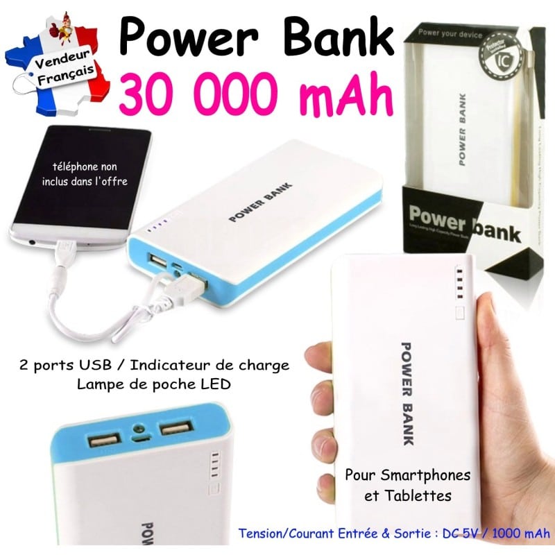 Power Bank 30 000 mAh BLANC/BLEU 2xUSB + Led
