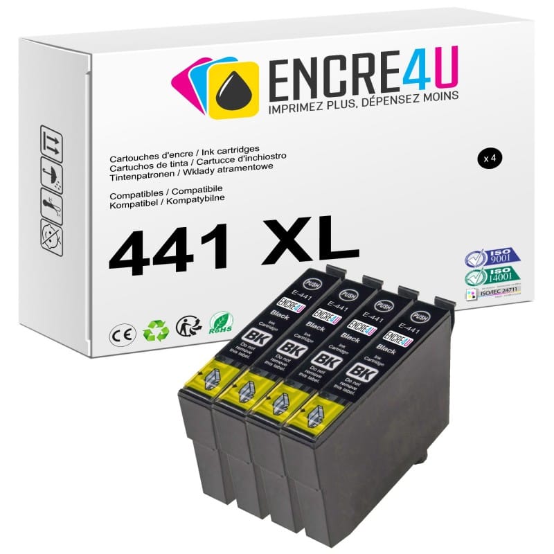 Lot de 4 cartouches d'encre compatibles Epson 441 441XL T0441 XL Noir