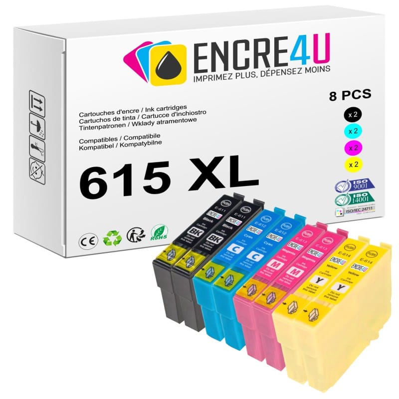 Lot de 8 cartouches d'encre compatibles Epson 615 615XL T0615 XL