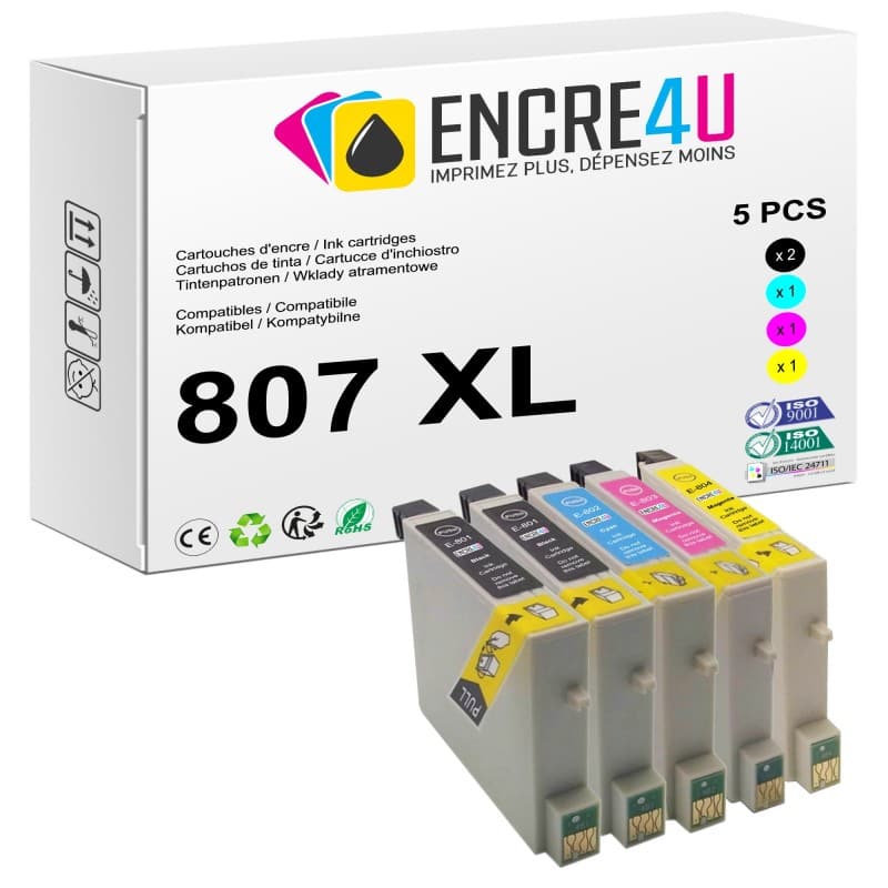 Lot de 5 cartouches d'encre compatibles Epson 807 807XL T0807 XL