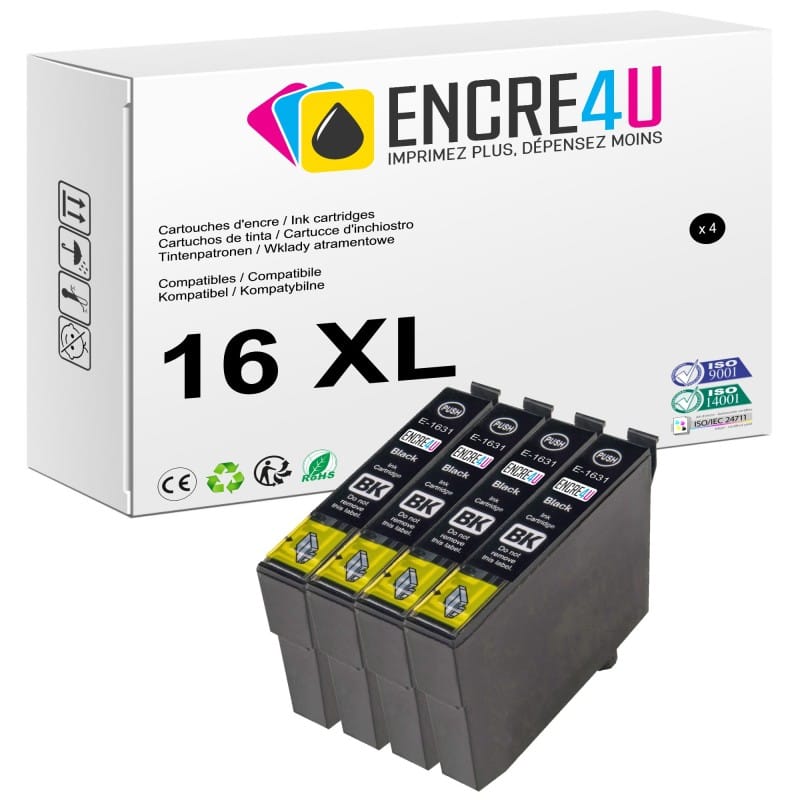 Lot de 4 cartouches d'encre compatibles Epson 16 XL 16XL T16 1631 Noir