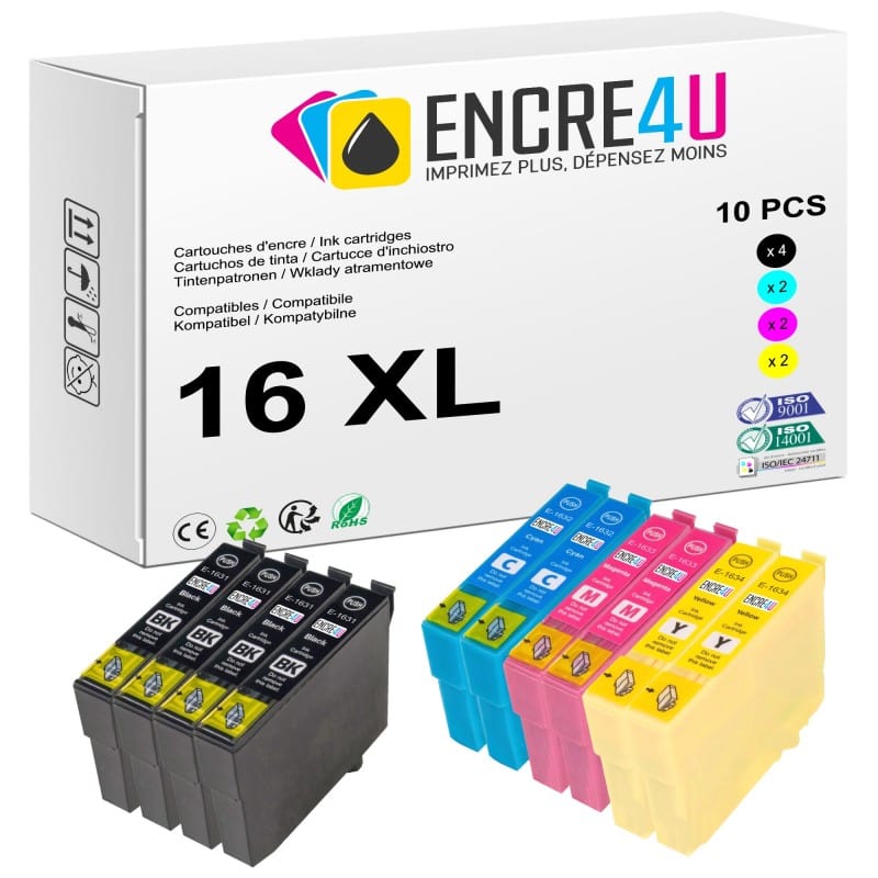 Lot de 10 cartouches d'encre compatibles Epson 16 XL 16XL T16 T1636