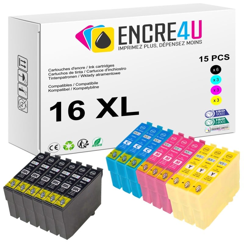 Lot de 15 cartouches d'encre compatibles Epson 16 XL 16XL T16 T1636