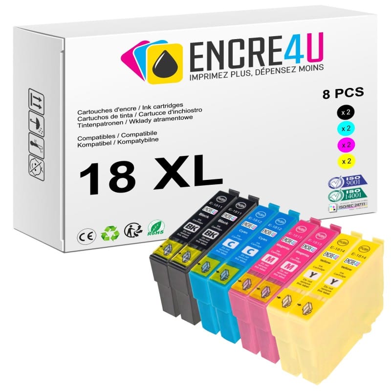 Lot de 8 cartouches d'encre compatibles Epson 18 18XL T18 T1816 XL