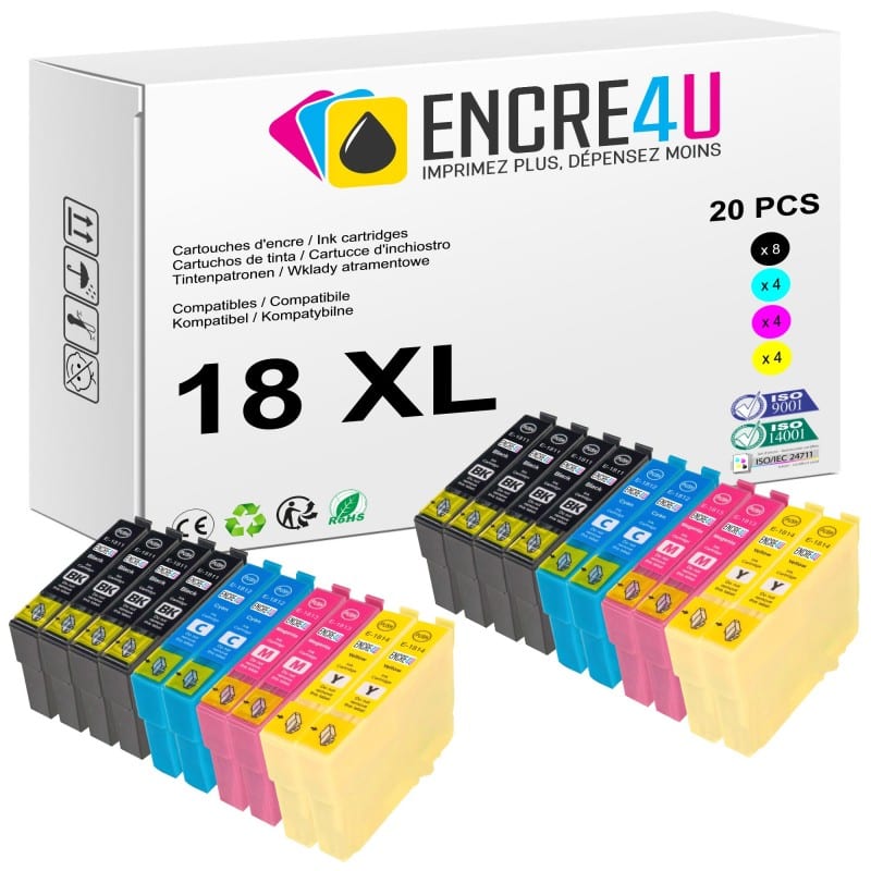 Lot de 20 cartouches d'encre compatibles Epson 18 XL 18XL T18 T1816 V2