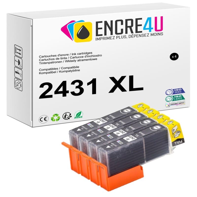 Lot de 4 cartouches d'encre compatibles Epson 24 24XL T24 2431 XL Noir