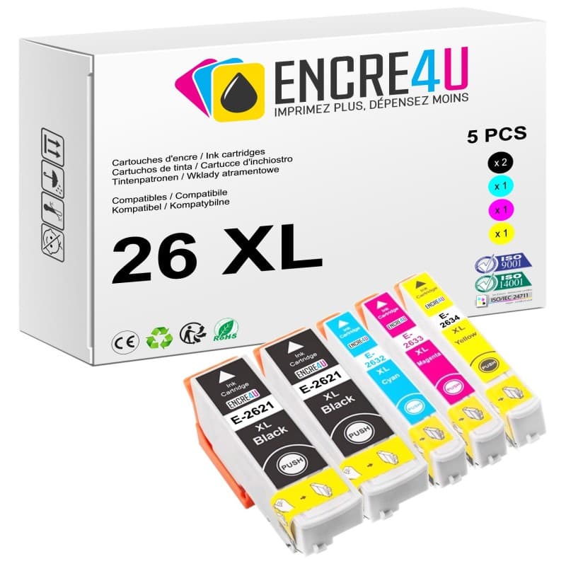 Lot de 5 cartouches d'encre compatibles Epson 26 26XL T26 2636 XL V2