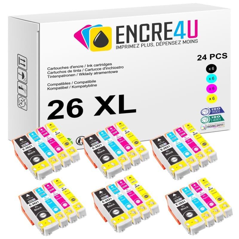 Lot de 24 cartouches d'encre compatibles Epson 26 26XL T26 2636 XL