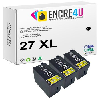 Lot de 3 cartouches d'encre compatibles Epson 27 XL 27XL T27 2711 Noir