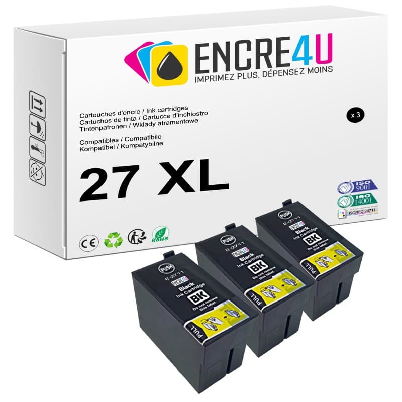 Lot de 3 cartouches d'encre compatibles Epson 27 XL 27XL T27 2711 Noir