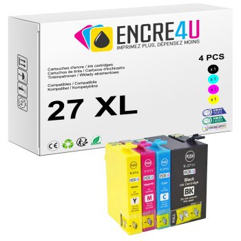 Lot de 4 cartouches d'encre compatibles Epson 27 27XL T27 T2715 XL