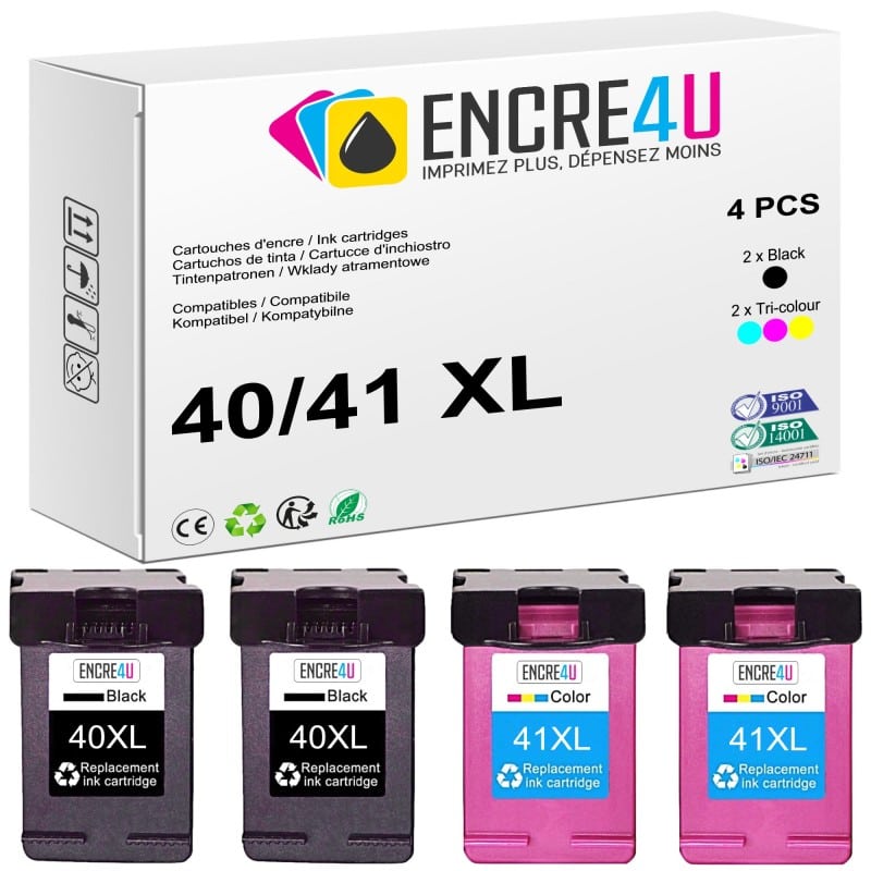 Lot de 4 cartouches d'encre compatibles Canon 40XL 41XL PG-40 CL-41 XL
