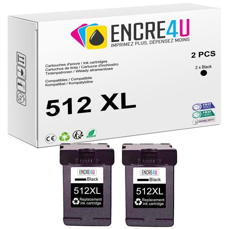 Lot de 2 cartouches d'encre compatibles Canon 512XL PG-512 XL BK Noir
