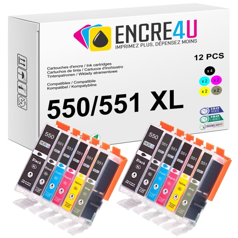 Lot de 12 cartouches d'encre compatibles Canon PGI-550 CLI-551 XL
